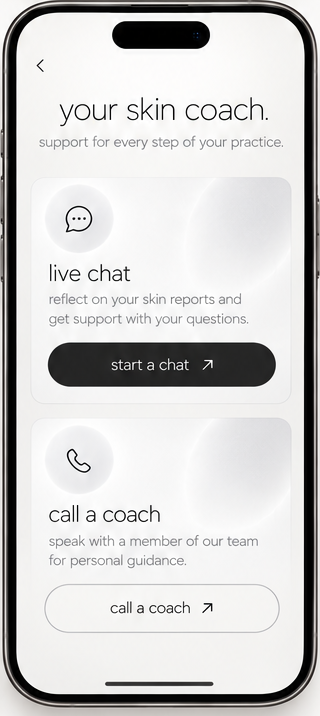 App screen: your skin coach, with live chat and a call to a coach.